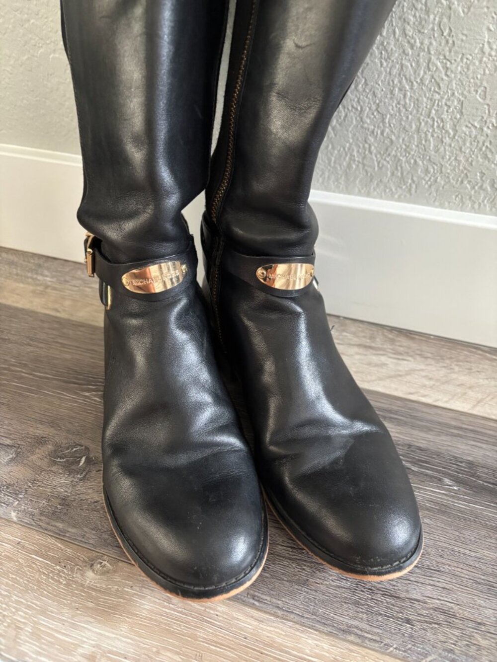Michael Kors Womens Black Leather Side Zip Block Heel Knee High Boots Size 8
